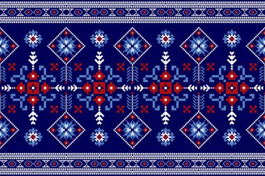 Güzel örülmüş nakış. Geometrik etnik desen geleneksel olarak mavi zemin üzerinde. Soyut, vektör, illüstrasyon. Doku, kumaş, giysi, ambalaj, dekorasyon, halı için tasarım.. 