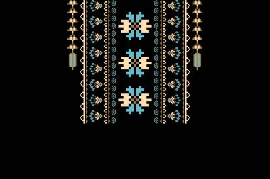 Güzel örülmüş yaka nakışı. Geometrik etnik oryantal desen geleneksel olarak siyah zemin üzerinde. Soyut, vektör, illüstrasyon. Moda kadınları için tasarım, doku, kumaş, halı,.