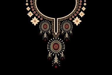 Güzel örülmüş yaka nakışı. Geometrik etnik oryantal desen geleneksel olarak siyah zemin üzerinde. Soyut, vektör, illüstrasyon. Moda kadınları için tasarım, doku, kumaş, halı,.