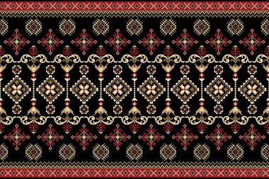 Güzel örülmüş nakış. Geometrik etnik oryantal desen siyah zemin üzerinde geleneksel. Soyut, vektör, çizim. Doku, kumaş, giysi, ambalaj, dekorasyon, halı için tasarım..