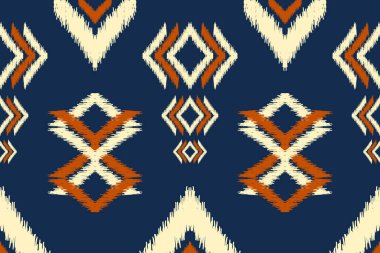 Güzel Ikat nakışı. Geometrik etnik oryantal desen mavi arka planda geleneksel. Soyut, vektör, illüstrasyon. Doku, kumaş, giysi, ambalaj, dekorasyon, halı, baskı için tasarım..