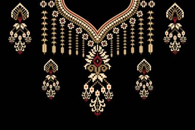 Siyah zemin üzerinde geleneksel geleneksel kabile figürlü kabile kolyesi çiçek desenli etnik desen. Soyut vektör çizimi. Doku, kumaş ve moda kadınları için tasarım..