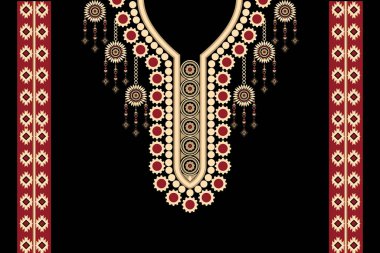 Siyah zemin üzerinde geleneksel geleneksel kabile figürlü kabile kolyesi çiçek desenli etnik desen. Soyut vektör çizimi. Doku, kumaş ve moda kadınları için tasarım..