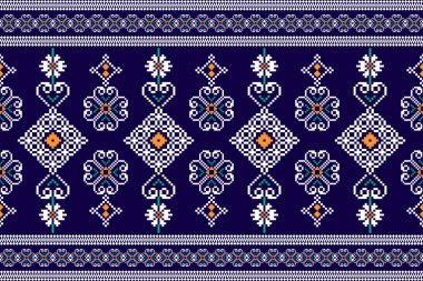 Güzel örülmüş nakış. Geometrik etnik desen geleneksel olarak mavi zemin üzerinde. Soyut, vektör, illüstrasyon. Doku, kumaş, giysi, ambalaj, dekorasyon, halı için tasarım..