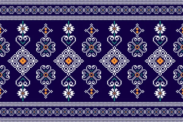 Красива Язана Вишивка Геометричний Етнічний Східний Візерунок Традиційний Синьому Фоні — стоковий вектор