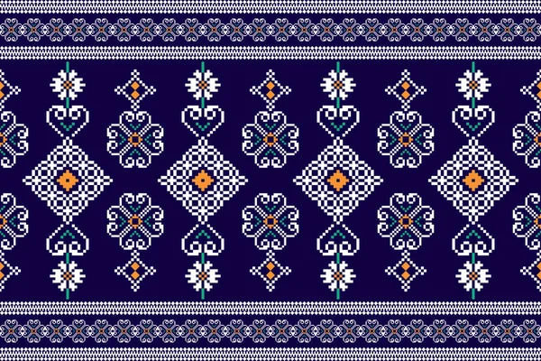 Beautiful Knitted Embroidery Geometry Ethnic Oriental Patterental Pattern Blue Background — 스톡 벡터