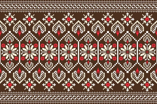 Beautiful Knitted Embroidery Geometric Ethnic Oriental Pattern Traditional Brown Background — Stok Vektör