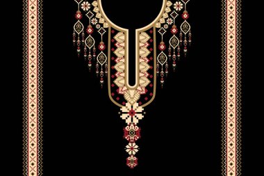 Güzel yaka çiçekli nakış. Siyah zemin üzerinde geleneksel geometrik etnik desen. Soyut vektör çizimi. Doku, kumaş, moda kadınları için tasarım, dekorasyon, baskı.