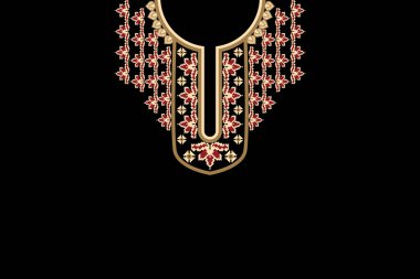 Güzel yaka çiçekli nakış. Siyah zemin üzerinde geleneksel geometrik etnik desen. Soyut vektör çizimi. Doku, kumaş, moda kadınları için tasarım, dekorasyon, baskı.