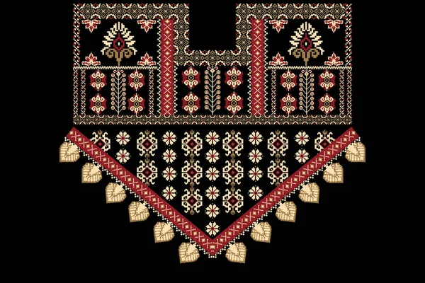 Красивая Вышивка Цветов Геометрический Этнический Узор Традиционный Черном Фоне — стоковый вектор