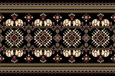 Güzel Tayland örgü nakışı. Geometrik etnik oryantal desen geleneksel olarak siyah zemin üzerinde. Siyah zemin, soyut, vektör, çizim. Doku, kumaş, giysi, ambalaj, dekorasyon için tasarım..