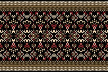 Güzel örülmüş nakış. Geometrik etnik oryantal desen siyah zemin üzerinde geleneksel. Soyut, vektör, çizim. Doku, kumaş, giysi, ambalaj, dekorasyon, halı için tasarım..