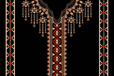 Güzel yaka çiçekli nakış. Siyah zemin üzerinde geleneksel geometrik etnik desen. Soyut vektör çizimi. Doku, kumaş, moda kadınları için tasarım, dekorasyon, baskı.