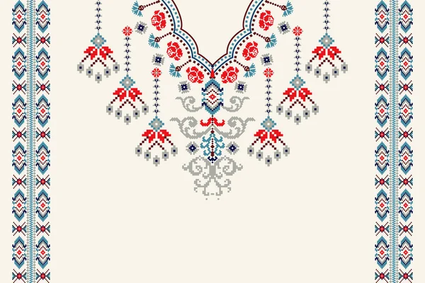 Красива Язана Вишивка Декольте Геометричний Етнічний Східний Візерунок Традиційний Кремовому — стоковий вектор