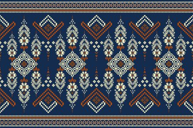 Güzel örülmüş nakış. Geometrik etnik desen geleneksel olarak mavi zemin üzerinde. Soyut, vektör, illüstrasyon. Doku, kumaş, giysi ambalajı, dekorasyon, halı,.