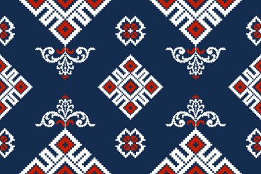 Güzel Ukraynaca örülmüş nakış. Mavi arka plan üzerinde geleneksel, geometrik etnik doğulu dikişsiz desen. Soyut, vektör, illüstrasyon. Doku, kumaş, ambalaj, ambalaj tasarımı..