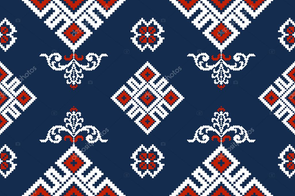 Beautiful Ukrainian knitted embroidery.geometric ethnic oriental seamless pattern traditional on blue background.Aztec style,abstract,vector,illustration.design for texture,fabric,clothing,wrapping.
