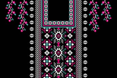 Güzel çiçekli yaka nakışı. Geometrik etnik oryantal desen geleneksel olarak siyah zemin üzerinde. Soyut, vektör, illüstrasyon, doku, kumaş, moda kadını giyimi, kıyafet tasarımı.