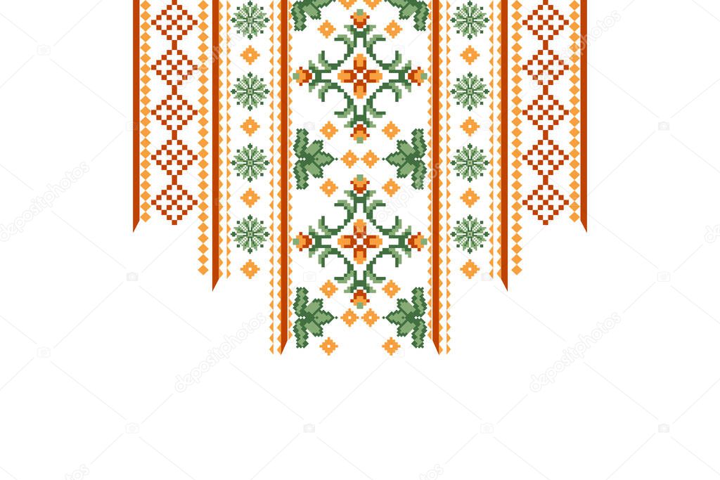 Beautiful floral neckline embroidery.geometric ethnic oriental pattern traditional on white background.Aztec style,abstract,vector,illustration.design for texture,fabric,fashion women wearing,clothing