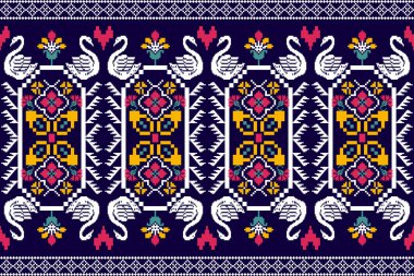 Beautiful Knitted Embroidery.geometric ethnic oriental seamless pattern traditional on blue background.Aztec style,abstract,vector,illustration.design for texture,fabric,clothing,decoration,carpet. clipart