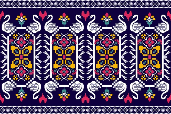 美しいニット刺繍 青い背景に伝統的な幾何学的な民族東洋のシームレスなパターン アステックスタイル 抽象的 ベクトル イラスト テクスチャ ファブリック カーペットのためのデザイン — ストックベクタ