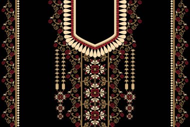 Güzel çiçekli yaka nakışı. Geometrik etnik oryantal desen geleneksel olarak siyah zemin üzerinde. Soyut, vektör, illüstrasyon. Doku, kumaş, moda kadınları için tasarım, giysi,