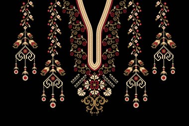 Güzel çiçekli yaka nakışı. Geometrik etnik oryantal desen geleneksel olarak siyah zemin üzerinde. Soyut, vektör, illüstrasyon. Doku, kumaş, moda kadınları için tasarım, giysi,