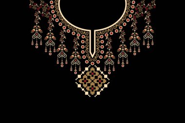 Güzel çiçekli yaka nakışı. Geometrik etnik oryantal desen geleneksel olarak siyah zemin üzerinde. Soyut, vektör, illüstrasyon. Doku, kumaş, moda kadınları için tasarım, giysi,