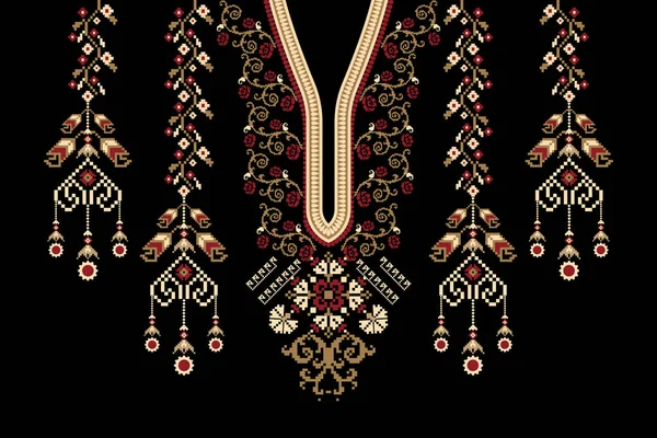 Beau Décolleté Floral Broderie Motif Oriental Ethnique Géométrique Traditionnel Sur — Image vectorielle