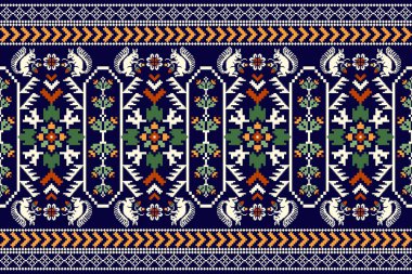 Mavi arka plan üzerinde güzel örülmüş nakış. Geometrik etnik desen geleneksel. Soyut, vektör, illüstrasyon. Doku, kumaş, giysi, ambalaj, halı, parmak izi tasarımı..