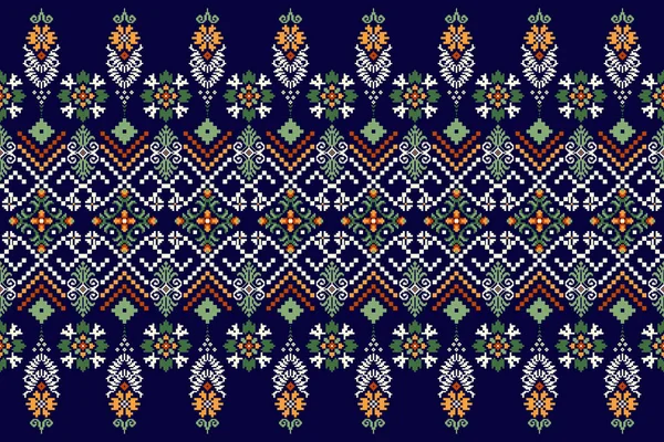 Vacker Blommig Stickad Broderi Geometriskt Etniskt Orientaliskt Mönster Traditionellt Blå — Stock vektor