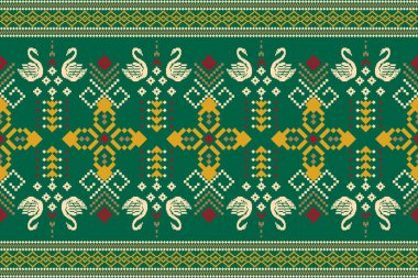 Beautiful knitted embroidery.geometric ethnic oriental pattern traditional on green background.Aztec style,abstract,vector,illustration.design for texture,fabric,clothing,wrapping,decoration,carpet.