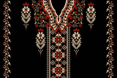Güzel çiçekli yaka nakışı. Geometrik etnik oryantal desen geleneksel olarak siyah zemin üzerinde. Soyut, vektör, illüstrasyon. Doku, kumaş, moda kadınları için tasarım, giysi,