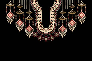 Güzel çiçekli yaka nakışı. Geometrik etnik oryantal desen geleneksel olarak siyah zemin üzerinde. Soyut, vektör, illüstrasyon. Doku, kumaş, moda kadınları için tasarım, giysi,