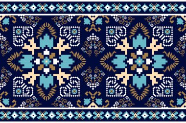 Güzel örülmüş nakış. Geometrik etnik desen geleneksel olarak mavi zemin üzerinde. Soyut, vektör, illüstrasyon. Doku, kumaş, giysi, ambalaj, dekorasyon, halı için tasarım..