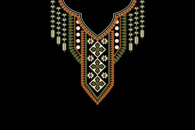 Güzel yaka nakışı. Geometrik etnik oryantal desen geleneksel olarak siyah zemin üzerinde. Soyut, vektör, illüstrasyon. Doku, kumaş, moda kadınları için tasarım, giysi, baskı,.