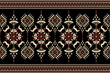 Geleneksel siyah arkaplan üzerindeki güzel geometrik etnik oryantal desen. Nakış, soyut, vektör, illüstrasyon. Doku, kumaş, giysi, ambalaj, dekorasyon, desen ahırı için tasarım.