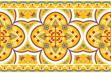 Sarı zemin üzerinde geleneksel güzel geometrik etnik doğulu desen. Nakış, soyut, vektör, illüstrasyon. Doku, kumaş, giysi, ambalaj, dekorasyon, halı, baskı için tasarım..