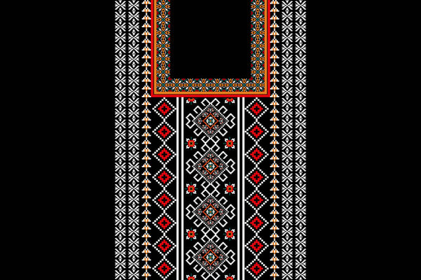 Beautiful floral neckline embroidery.geometric ethnic oriental pattern traditional on black background.Aztec style,abstract,vector,illustration,design for texture,fabric,fashion women wearing,clothing