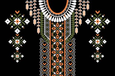 Güzel yaka nakışı. Geometrik etnik oryantal desen geleneksel olarak siyah zemin üzerinde. Soyut, vektör, illüstrasyon. Doku, kumaş, moda kadınları için tasarım, giysi, baskı,.