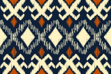 Güzel bir kabile figürü olan Ikat kusursuz desen. Mavi arka planda geometrik geleneksel. Soyut, nakış, vektör, illüstrasyon. Doku, kumaş, giysi, ambalaj, halı tasarımı..