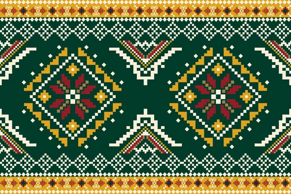 아름다운 수놓기 Geometry Ethnic Oriental Pattern Green Background Aztec Style — 스톡 벡터