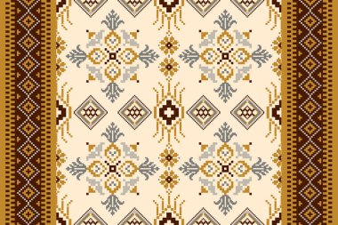 Güzel çiçek haçı nakışı. Krem zemin üzerinde geleneksel geometrik etnik oryantal desen. Soyut, vektör, illüstrasyon. Doku, kumaş, giysi, ambalaj, halı tasarımı..