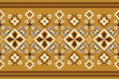 Güzel bir kabile figürü olan arabesk geometrik etnik oryantal desen sarı zemin üzerinde geleneksel. Soyut, vektör, illüstrasyon. Doku, kumaş, giysi, ambalaj, halı, baskı için tasarım..