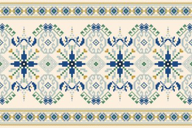Güzel çiçek haçı nakışı. Krem arka plan Aztek tarzı geleneksel geometrik etnik desen, soyut, vektör, illüstrasyon. Doku, kumaş, giysi, ambalaj, halı için tasarım.