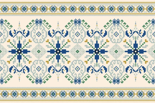 美しい花のクロスステッチ刺繍 クリームの背景に伝統的な幾何学的なエスニックオリエンタルパターンアステックスタイル 抽象的 ベクトル イラスト テクスチャ ファブリック カーペット用のデザイン — ストックベクタ
