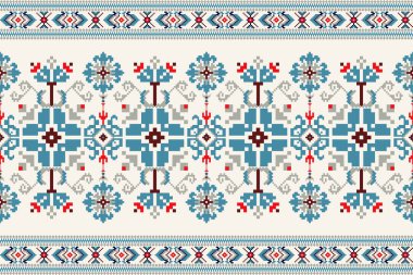 Güzel çiçekli haç nakışı. Beyaz arka planda geleneksel geometrik etnik desen. Soyut, vektör, illüstrasyon. Doku, kumaş, giysi, ambalaj, halı tasarımı..
