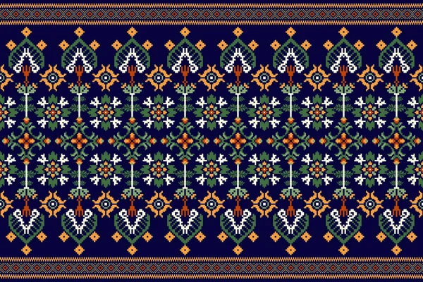 美しい花のクロスステッチ刺繍 青い背景に伝統的な幾何学的な民族の東洋のパターン アステックスタイル 抽象的 ベクトル イラスト — ストックベクタ