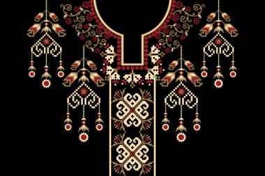 Güzel çiçekli yaka nakışı. Geometrik etnik oryantal desen geleneksel olarak siyah zemin üzerinde. Soyut, vektör, illüstrasyon. Doku, kumaş, moda kadınları için tasarım, giysi,