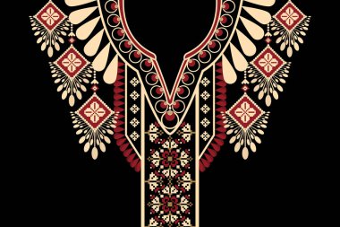 Güzel çiçekli yaka nakışı. Geometrik etnik oryantal desen geleneksel olarak siyah zemin üzerinde. Soyut, vektör, illüstrasyon. Doku, kumaş, moda kadınları için tasarım, giysi,